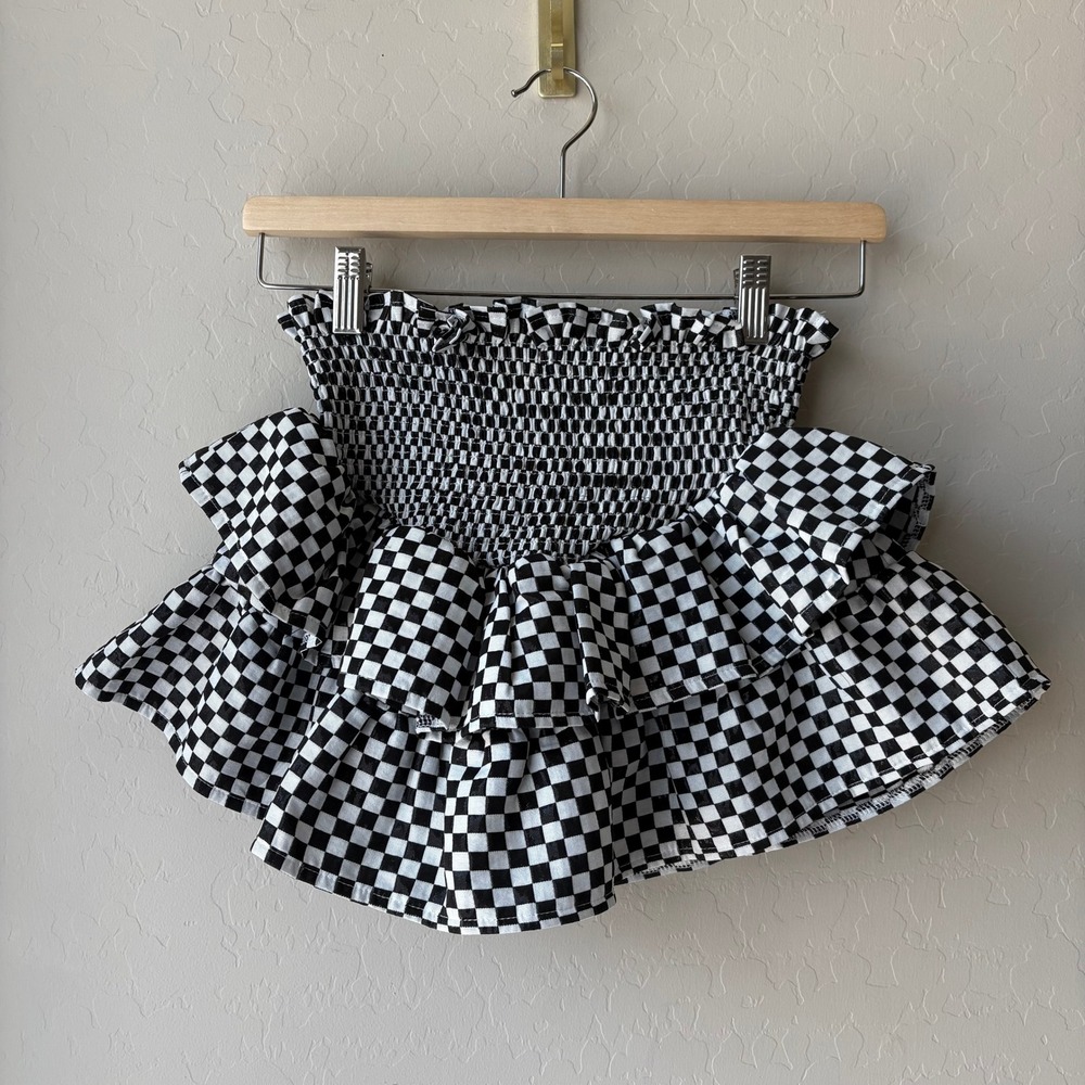 Queen of Sparkles Black White Checkered Smocked Tiered Ruffle Mini Skirt Small
